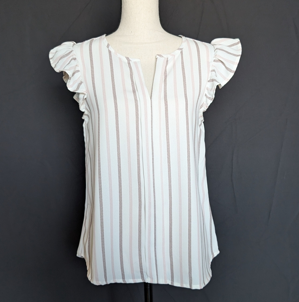 Workshop Republic Clothing White and Light Taupe Striped Flutter Sleeve Blouse